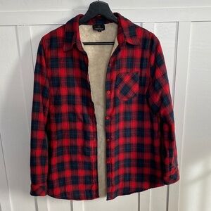 KORUS Red Black Green Plaid Flannel Shacket Sherpa Lining Women’s Sz Medium